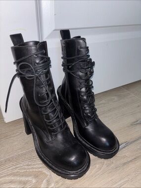 ann demulemeester Black Lace-Up Leather Combat Heeled Boots